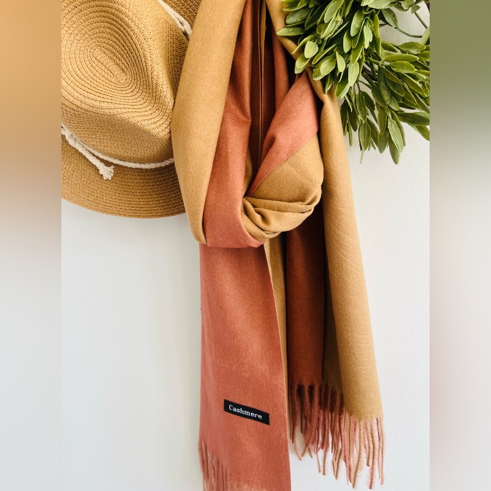 2 tone cashmere scarf brown tan orange